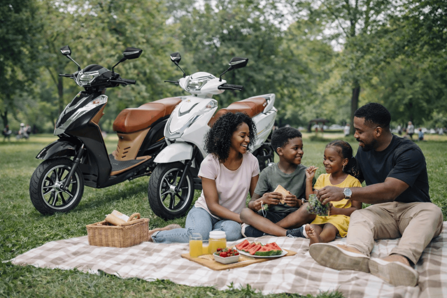 Family picnic with scooters in park